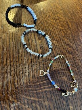 Set of 3 Beaded Message & Charm Bracelets - Black, White & Multicolor